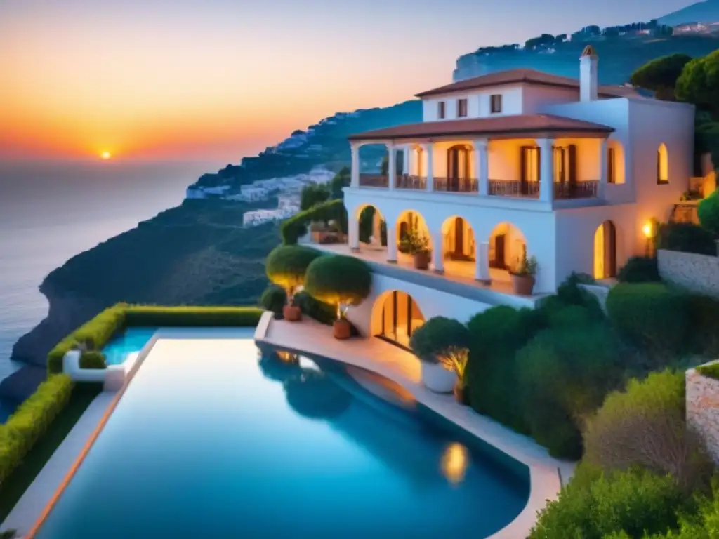Villa de lujo en acantilado mediterráneo al atardecer Villa de lujo mediterránea en acantilado con piscina infinity y vistas al mar, en cálida puesta de sol