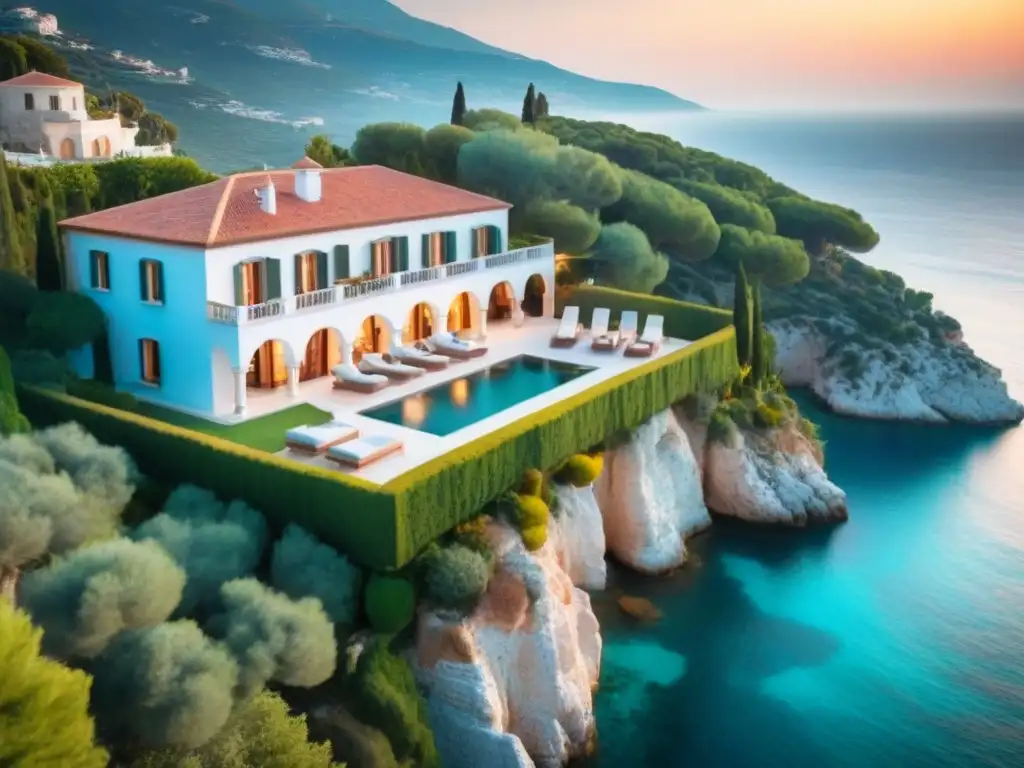 Villa de lujo en acantilado con vista al mar Mediterráneo Villa de lujo mediterránea en acantilado con piscina infinita y vistas al mar turquesa al atardecer