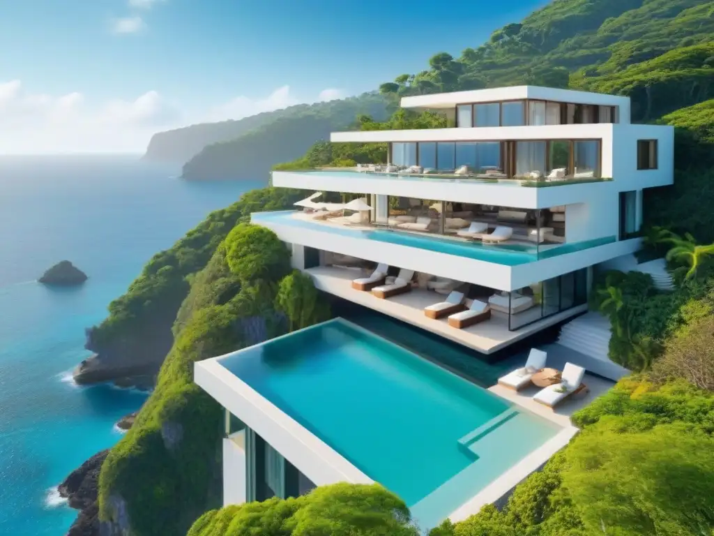 Villa de lujo en acantilado con vista al mar turquesa Villa de lujo en acantilado con piscina infinita y vista al mar turquesa al atardecer