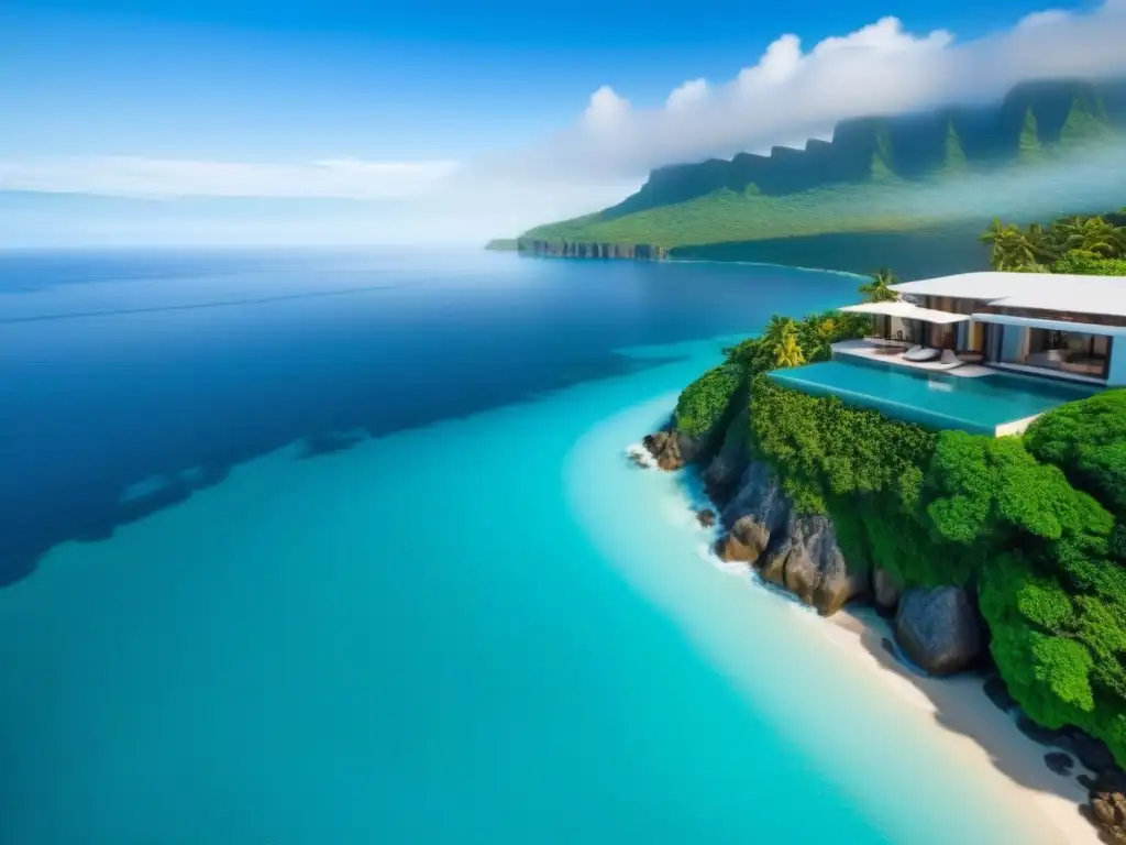 Villa de lujo en acantilado: vista aérea impresionante Villa de lujo en acantilado, piscina infinita y paisajes tropicales
