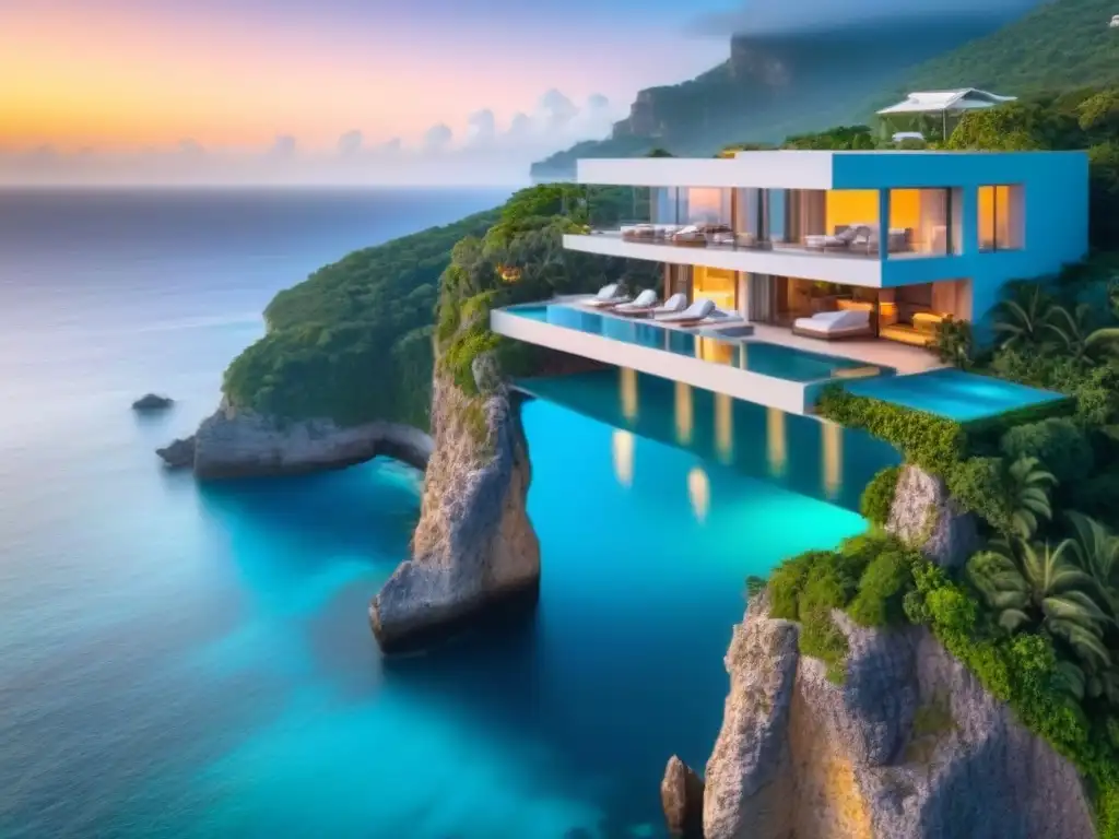 Villa de lujo en acantilado con piscina infinita y vistas al mar Villa de lujo en acantilado con piscina infinita y vistas al mar turquesa al atardecer
