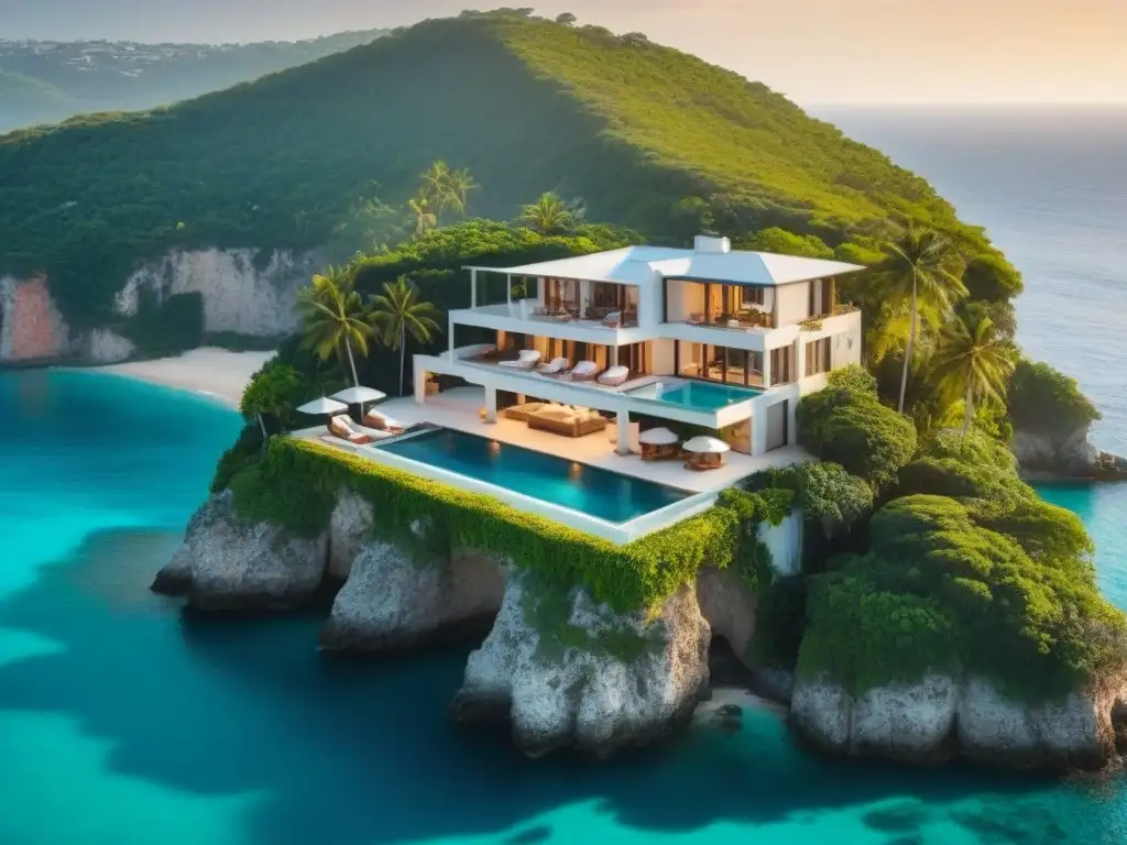 Villa de lujo en acantilado con piscina infinita frente al mar Villa de lujo en acantilado con vista al mar turquesa, piscina infinita y atardecer dorado