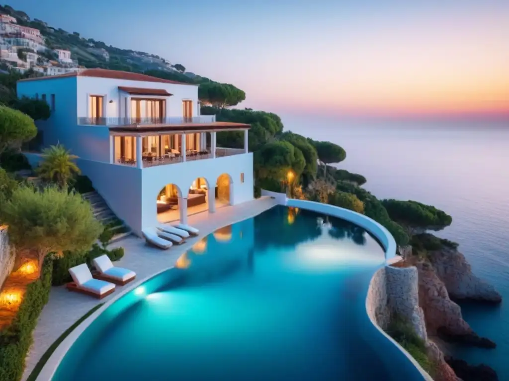 Villa de lujo en acantilado con vistas al mar Mediterráneo Una villa de lujo mediterránea en un acantilado con vistas al mar turquesa, reflejando opulencia y sofisticación
