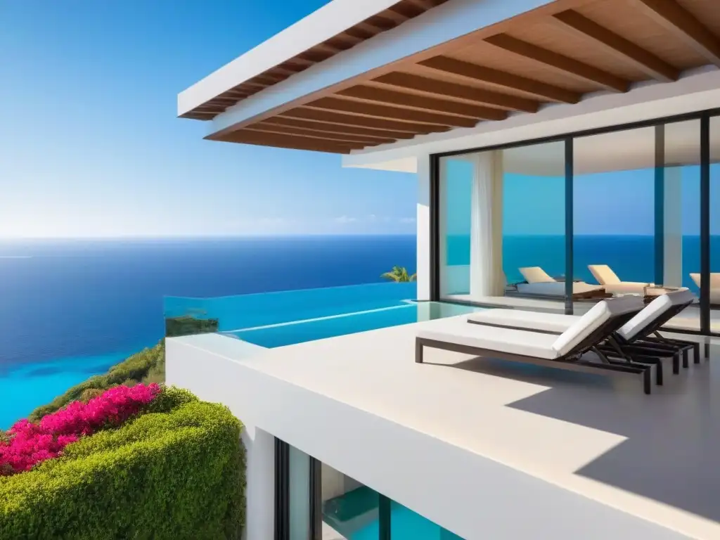 Villa de lujo en acantilado: 8k ultradetalle en el Mediterráneo Villa de lujo en acantilado con vistas al mar Mediterráneo, tendencias diseño villas vacacionales lujo