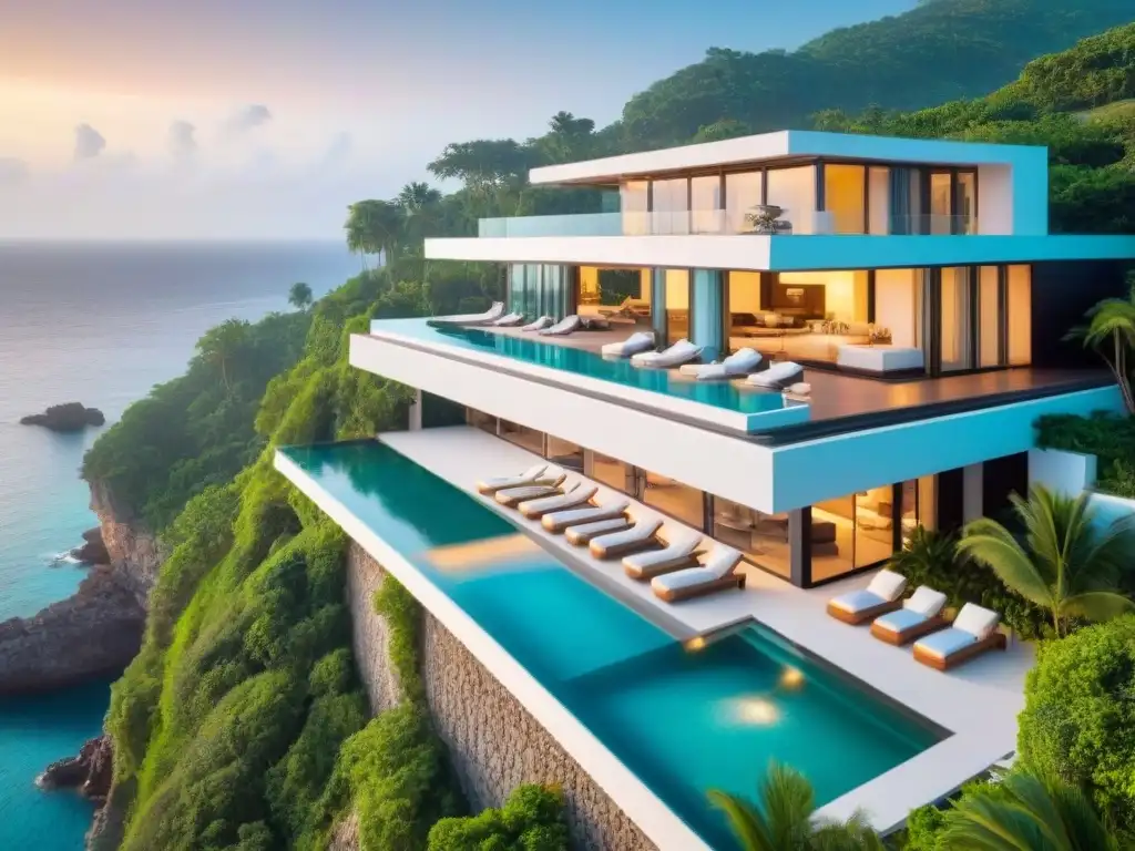 Villa de lujo en acantilado con piscina infinita y vistas al mar Villa de lujo en acantilado con vistas al mar, piscina infinita y atardecer dorado