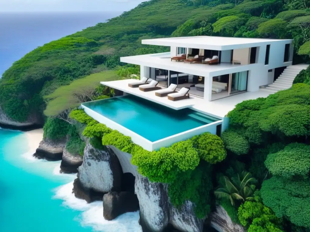 Villa de lujo en acantilado: exclusividad frente al mar Villa de lujo en acantilado con vistas al océano turquesa rodeada de vegetación exuberante y playas de arena blanca
