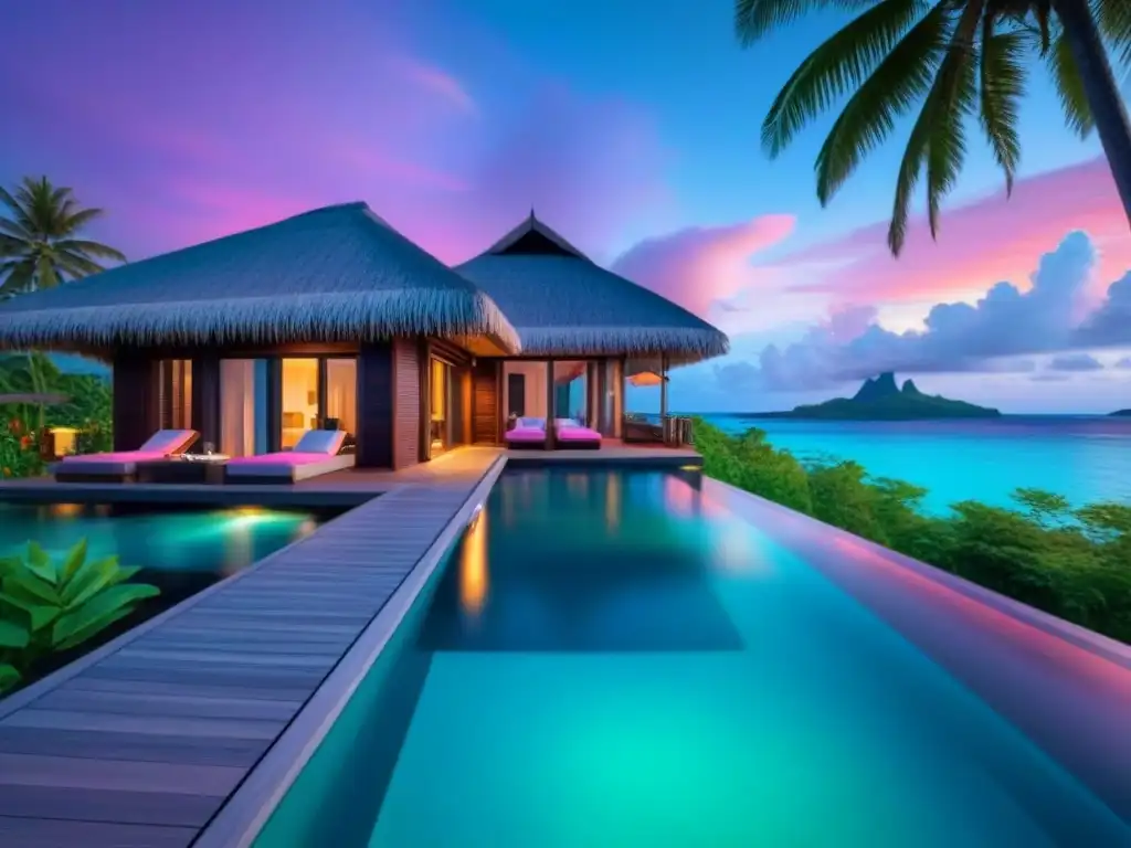 Paraíso tropical: Bungalow de lujo en Bora Bora Villa de lujo sobre el agua en Bora Bora con aguas turquesas, palmeras verdes y atardecer de colores
