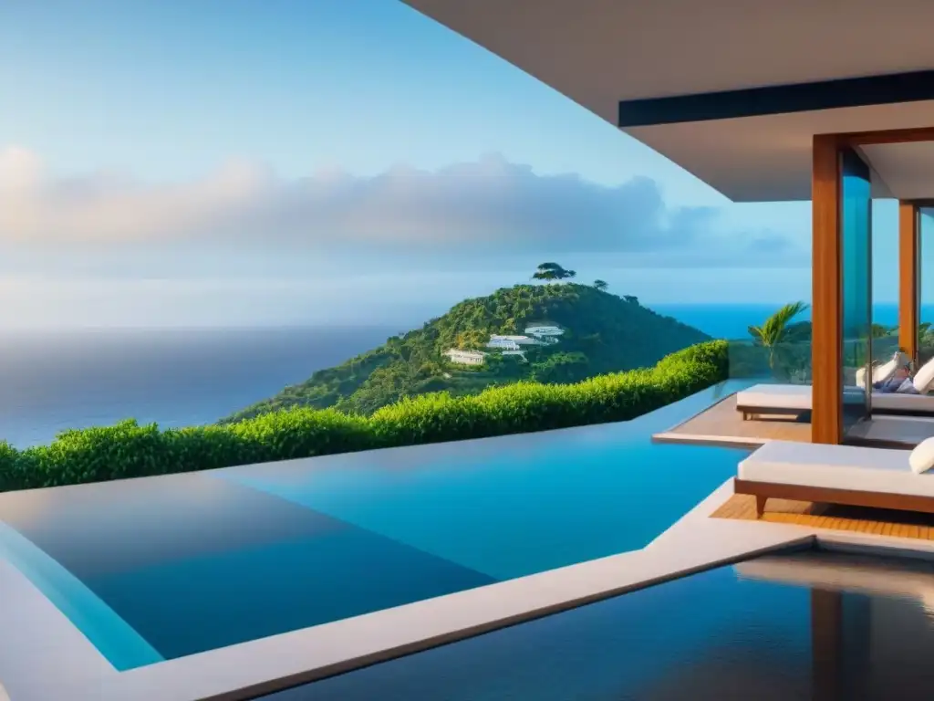 Villa de lujo con seguridad avanzada y vista al mar Villa de lujo con alta seguridad en destino exótico, rodeada de vegetación tropical y piscina infinita con vista al mar al atardecer