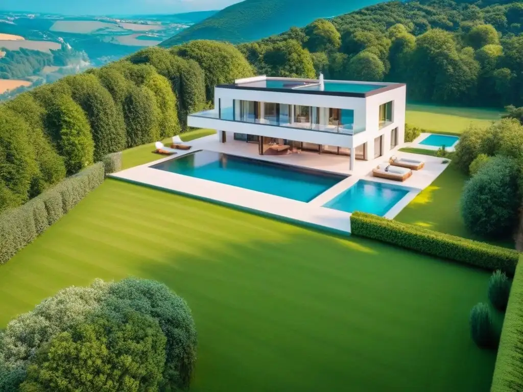 Villa de lujo en Europa del Este: arquitectura moderna en paisaje idílico Villa de lujo en Europa del Este con arquitectura moderna y jardines exuberantes, reflejando opulencia y tranquilidad