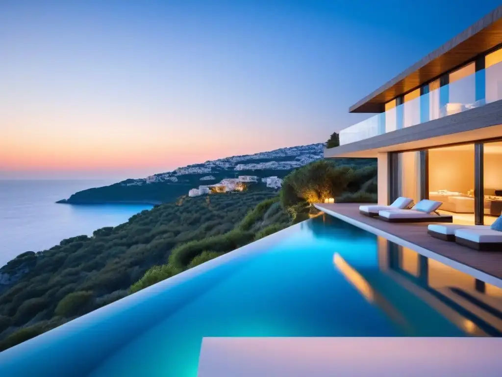 Villa de lujo con vistas al mar Mediterráneo Villa de lujo en la Costa Azul con piscina infinita y vistas al mar Mediterráneo al atardecer