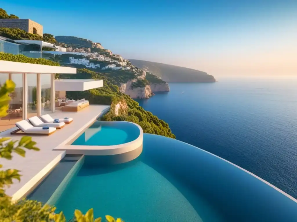 Villa de lujo con piscina infinita y vistas al mar Mediterráneo Villa de lujo en la Costa Azul con piscina infinita, rodeada de vegetación, vista al mar Mediterráneo al atardecer