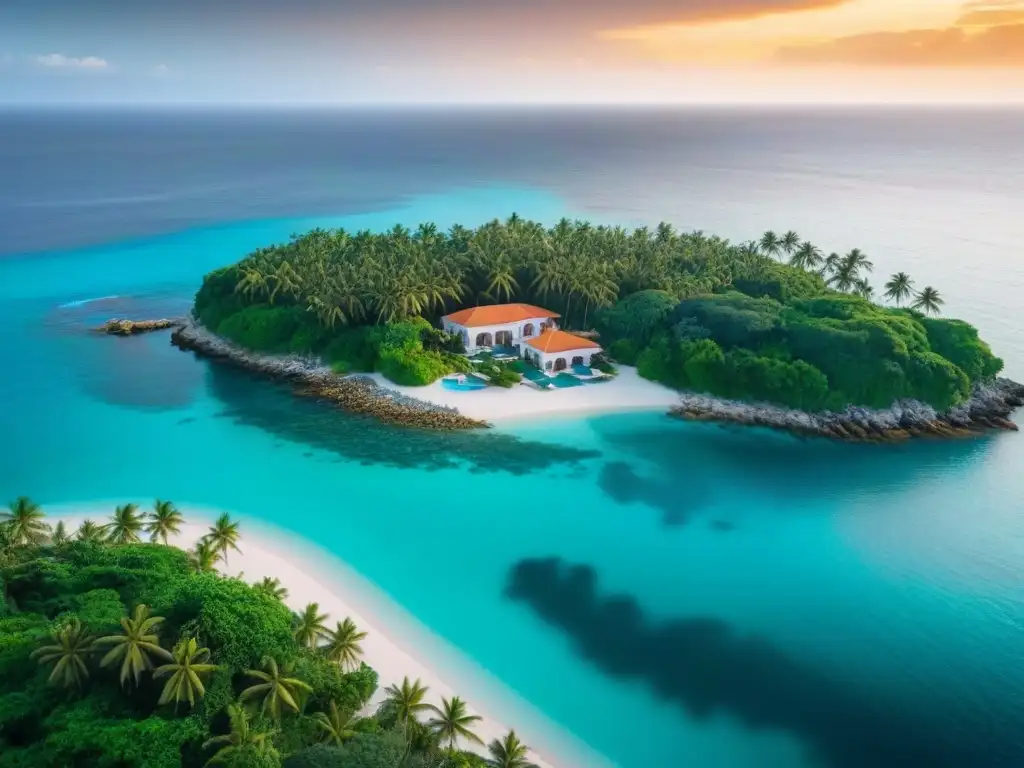 Espectacular villa costera en aguas turquesas al atardecer Villa de lujo en costa impactada por el cambio climático, rodeada de aguas turquesas y vegetación exuberante al atardecer