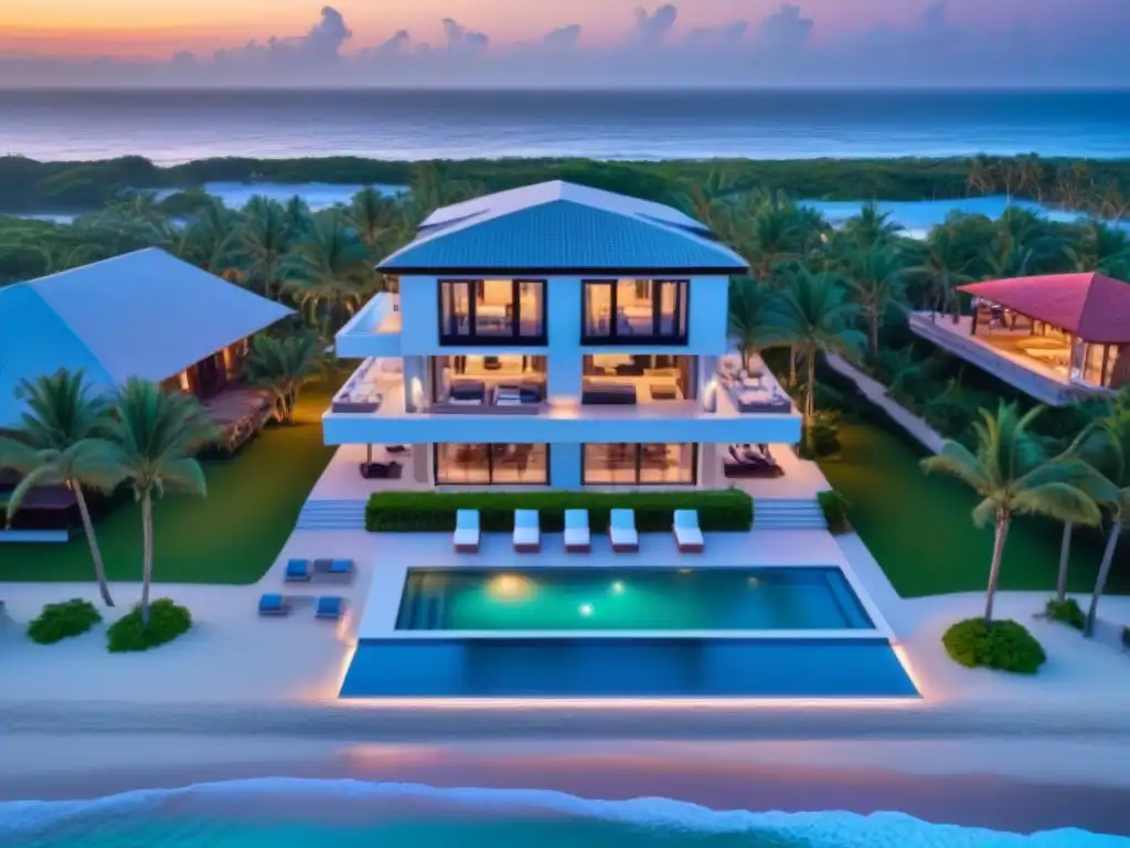 Villa de lujo frente al mar con piscina privada al atardecer Villa de lujo en la costa con piscina privada y vista al mar al atardecer