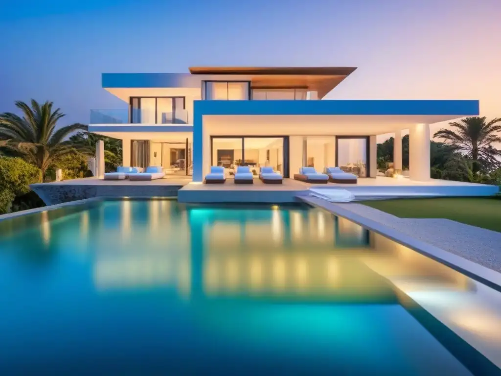 Villa de lujo frente al mar al atardecer: inversión exclusiva Villa de lujo costera al atardecer, reflejando éxito en inversionistas exitosos mercado villas costeras