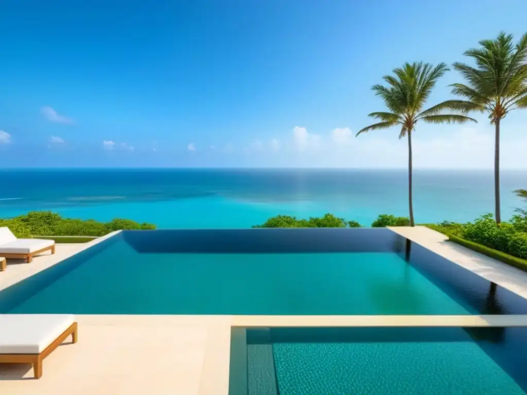 Villa de lujo frente al mar en destino exótico: sofisticación y comodidad Villa de lujo en destino exótico, con playa, palmeras, piscina infinity y arquitectura moderna