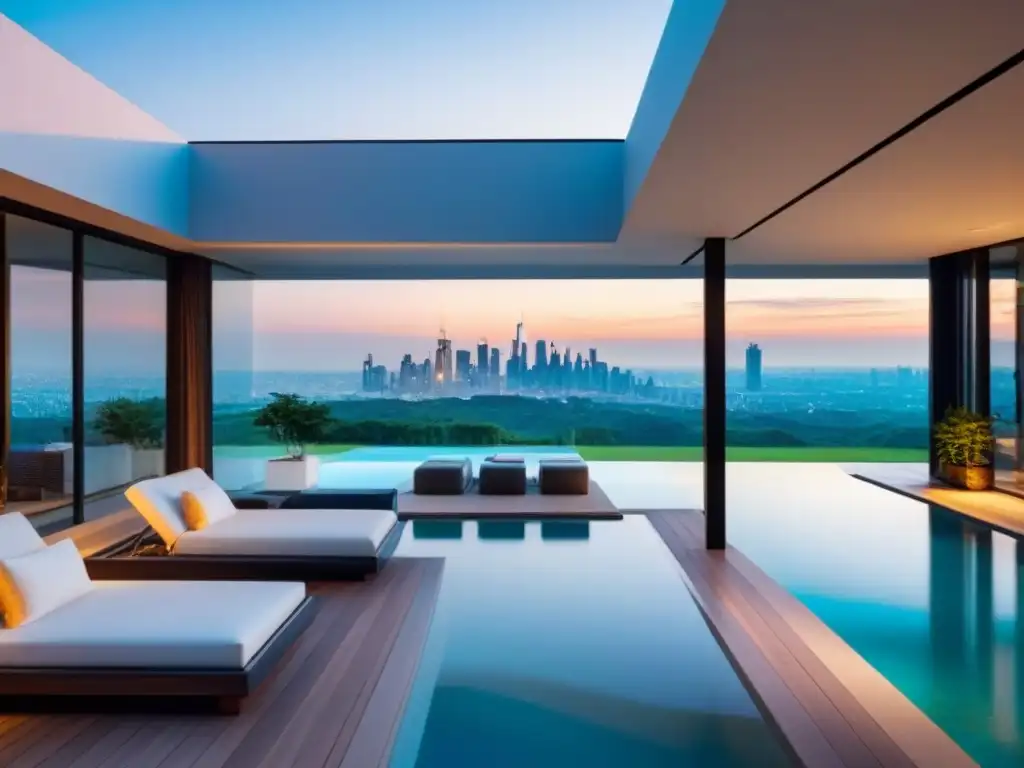 Villa de lujo con vistas panorámicas y diseño contemporáneo Villa de lujo con diseño elegante y piscina, rodeada de vegetación exuberante y vista panorámica a la ciudad