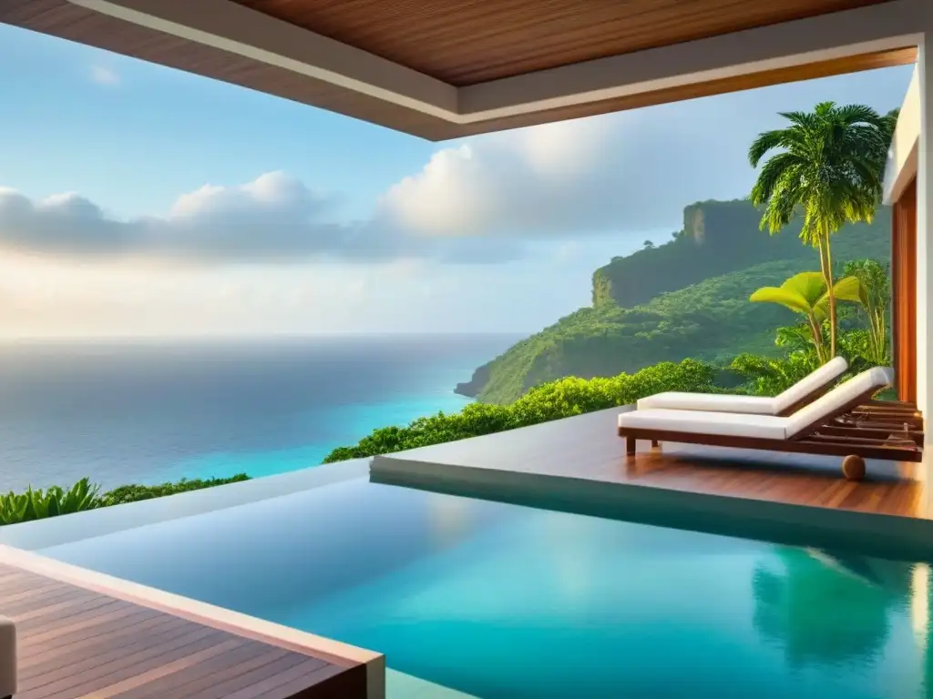 Villa de lujo con piscina infinity y vistas al mar turquesa Villa de lujo con diseño minimalista y piscina infinita, en acantilado sobre océano turquesa