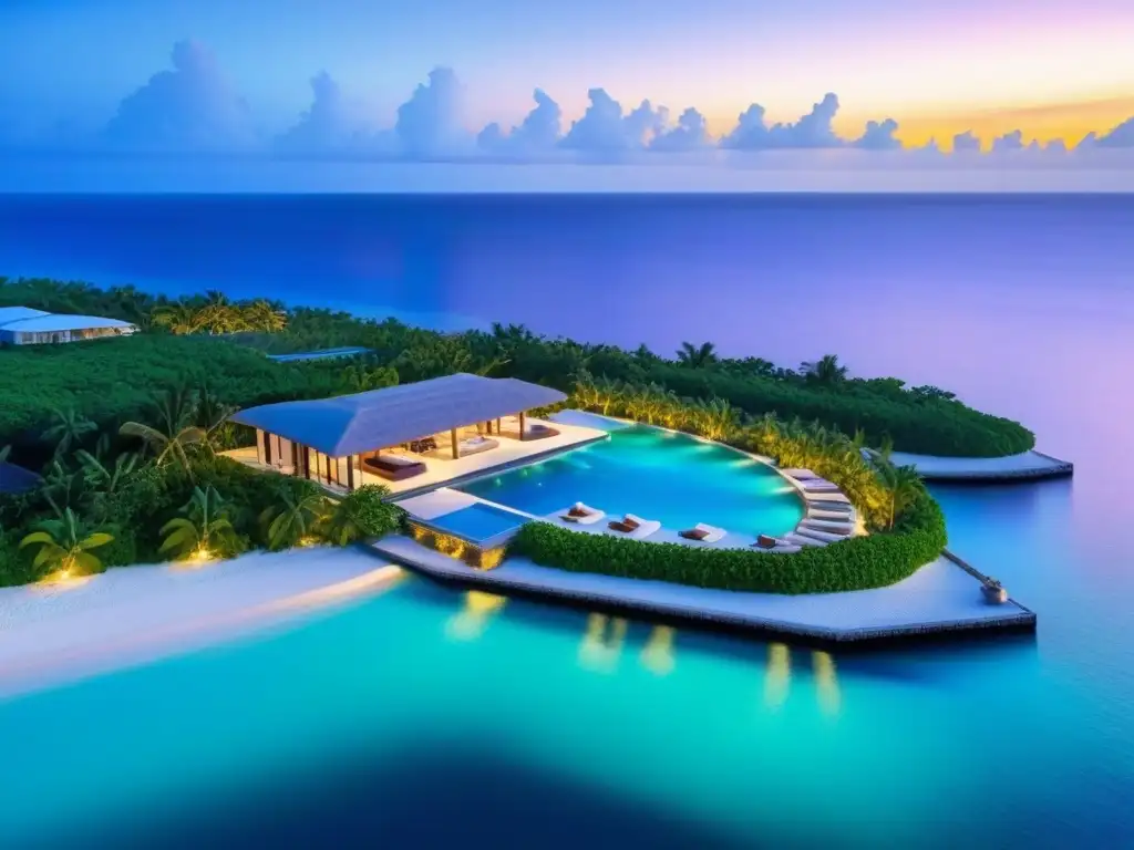 Villa de lujo frente al mar en isla privada: exclusividad y sofisticación Una villa de lujo con diseño moderno en una isla privada rodeada de aguas turquesas bajo un atardecer vibrante