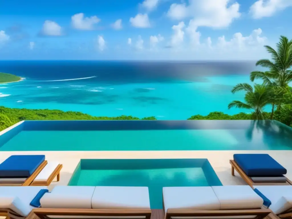 Villa de lujo con piscina infinita frente al mar Caribe Villa de lujo frente a la playa con piscina infinita, rodeada de exuberante vegetación tropical y vistas al mar Caribe