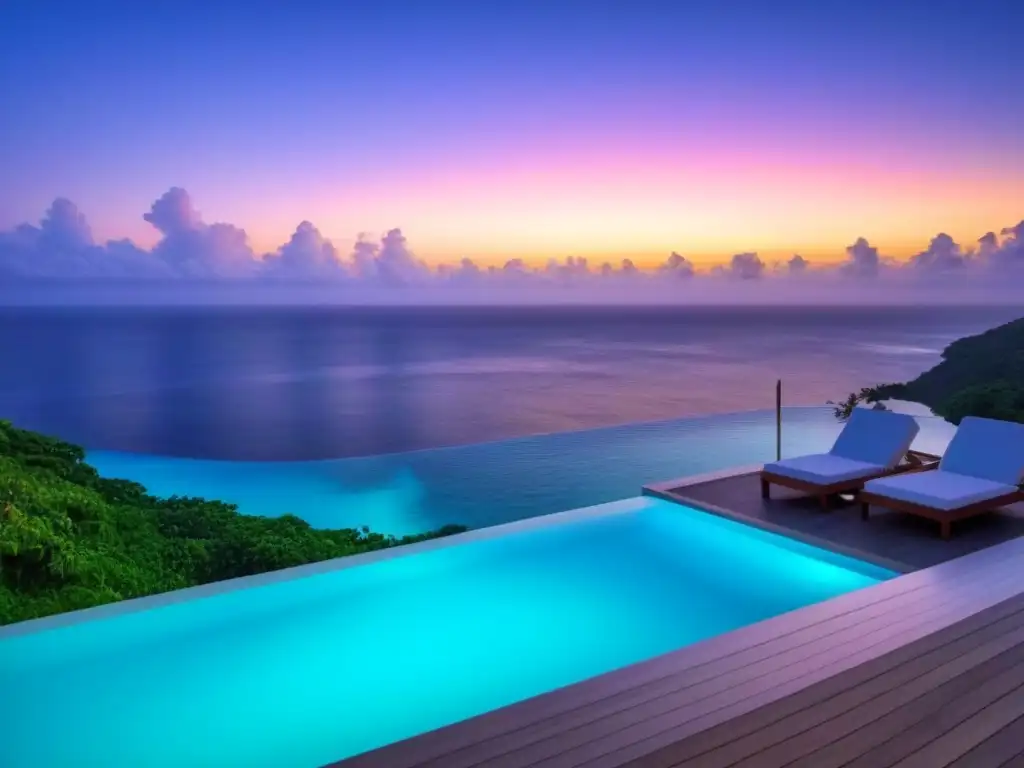 Villa de lujo con piscina infinita y vista al mar Villa de lujo frente a la playa con piscina infinita, rodeada de exuberante vegetación tropical bajo un vibrante atardecer