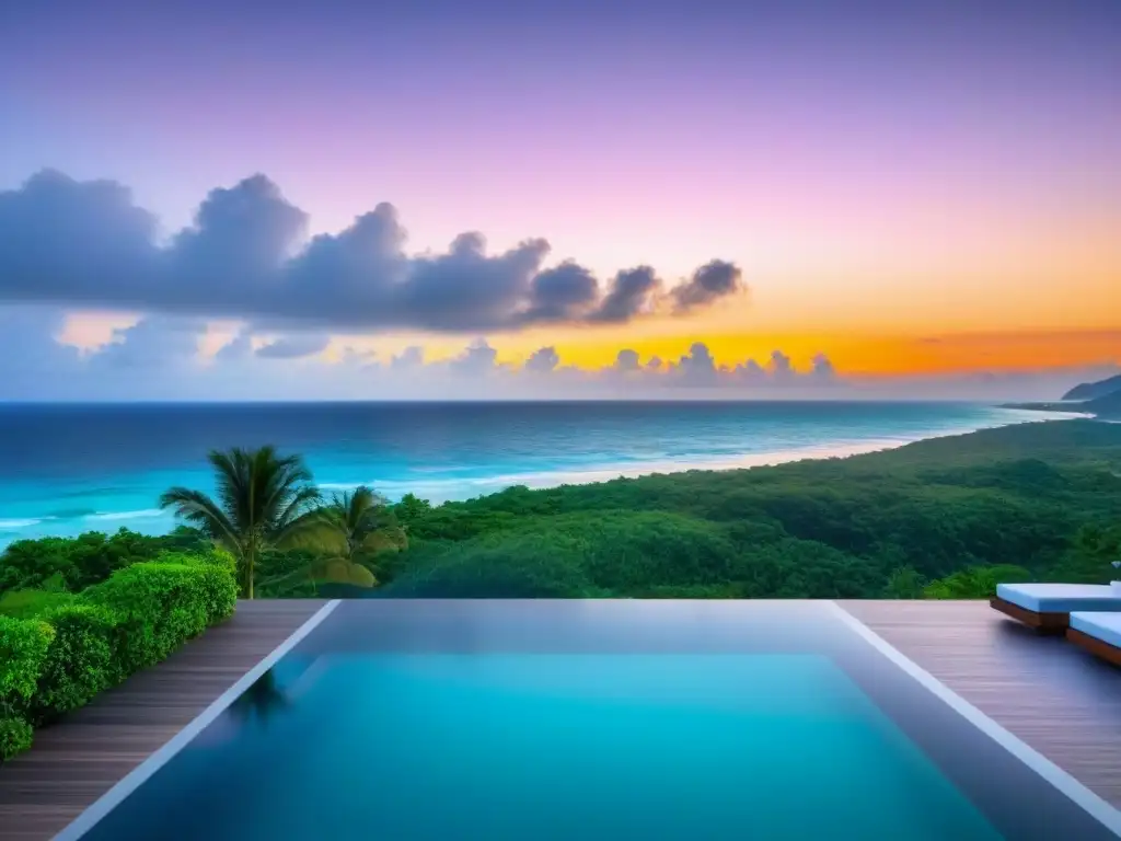 Villa de lujo frente al mar con atardecer impresionante Villa de lujo frente a la playa con ventanales de piso a techo y atardecer impresionante sobre el océano