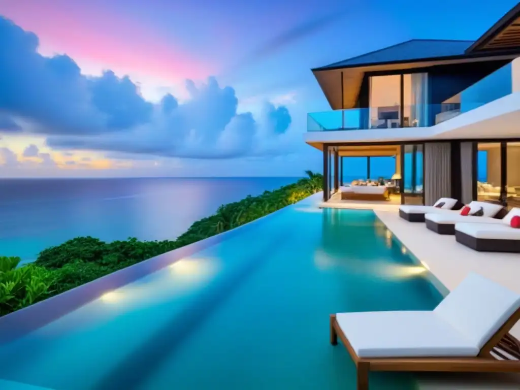 Villa de lujo frente al mar con piscina infinita y atardecer tropical Villa de lujo frente a la playa con piscina infinita, rodeada de vegetación tropical, bajo un vibrante atardecer