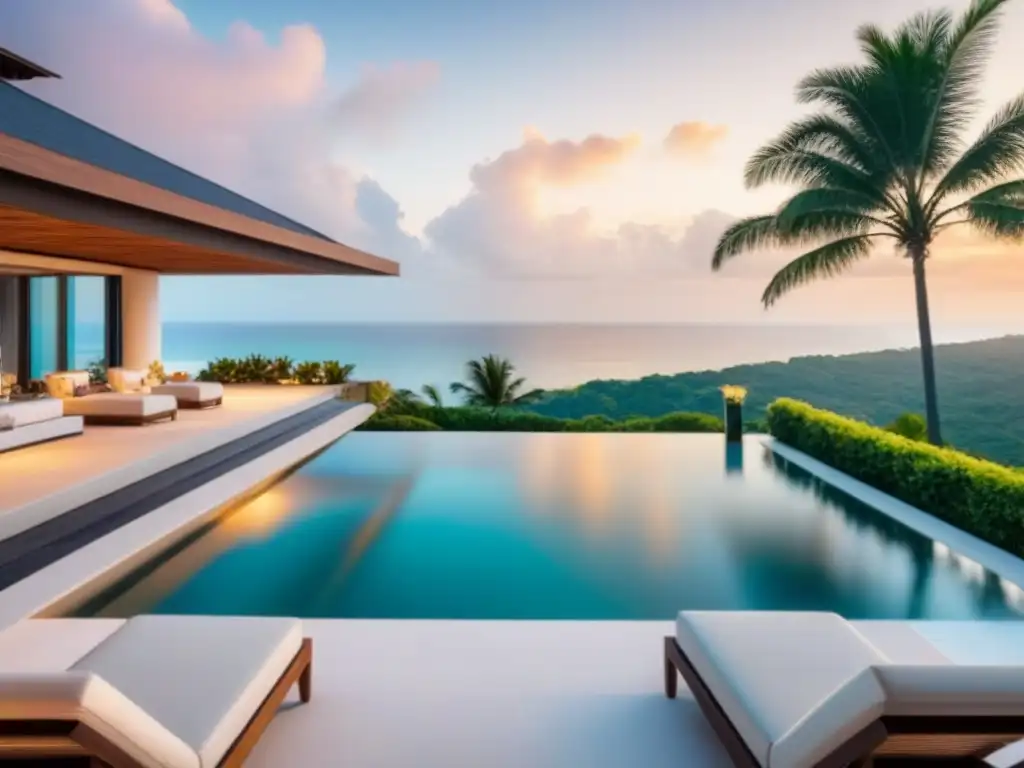 Villa de lujo frente al mar: sofisticación y elegancia al atardecer Villa de lujo frente a la playa con arquitectura moderna, piscina infinita y paisajismo tropical