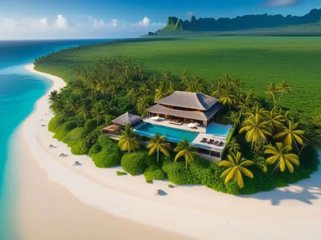 Exclusiva villa frente al mar en paraíso tropical Villa de lujo frente a la playa en paraíso tropical con palmeras verdes, aguas turquesas y atardecer dorado