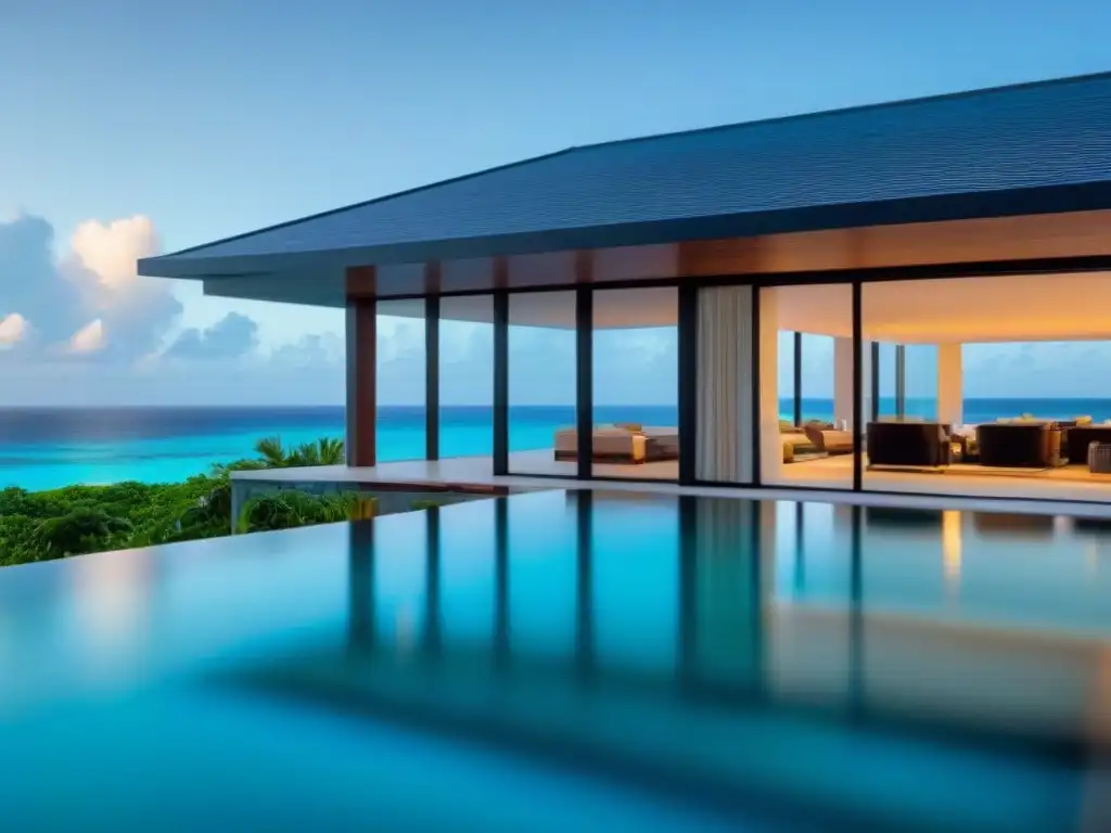 Villa de lujo en la playa: arquitectura contemporánea con vistas al mar Villa de lujo frente a la playa en el Caribe, arquitectura contemporánea con paredes de vidrio, piscina infinita y paisajismo tropical exuberante