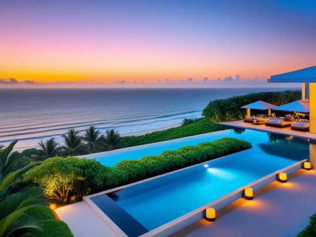 Villa de lujo frente al mar con vistas panorámicas y piscina infinita Villa de lujo frente a la playa con piscina infinita y vistas panorámicas al mar al atardecer