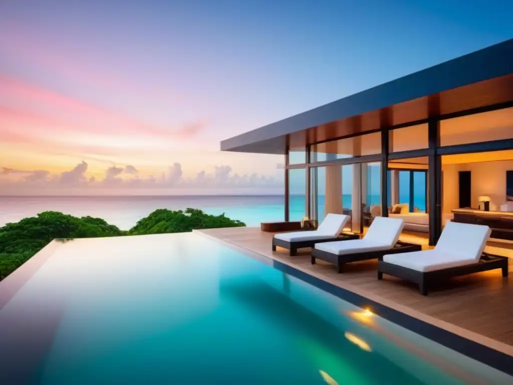 Villa de lujo frente al mar caribe con diseño moderno y piscina infinita Villa de lujo frente a la playa con diseño arquitectónico moderno, terraza amplia con piscina infinita y vistas al mar Caribe
