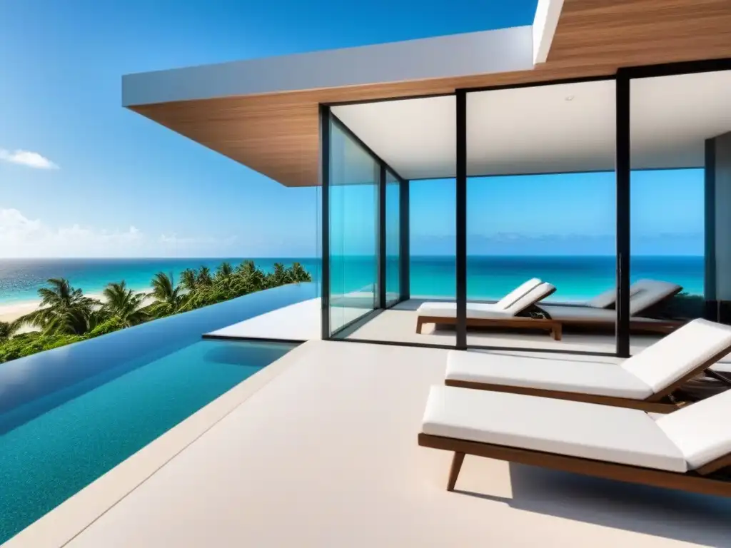 Villa de lujo frente al mar con diseño moderno y vistas panorámicas Villa de lujo frente a la playa con vistas al mar, terraza espaciosa, piscina infinita y palmeras