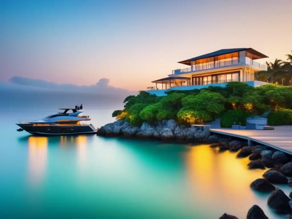 Villa de lujo frente al mar con atardecer dorado y yate privado Villa de lujo frente a la playa en Norteamérica, con vegetación exuberante y un yate privado, ideal para segundas residencias en Norteamérica