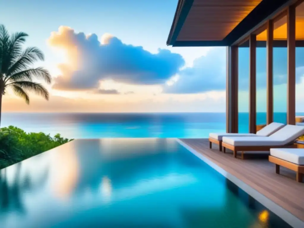 Villa de lujo frente al mar: atardecer en paraíso tropical Villa de lujo frente a la playa con vista panorámica, piscina infinita y muebles contemporáneos