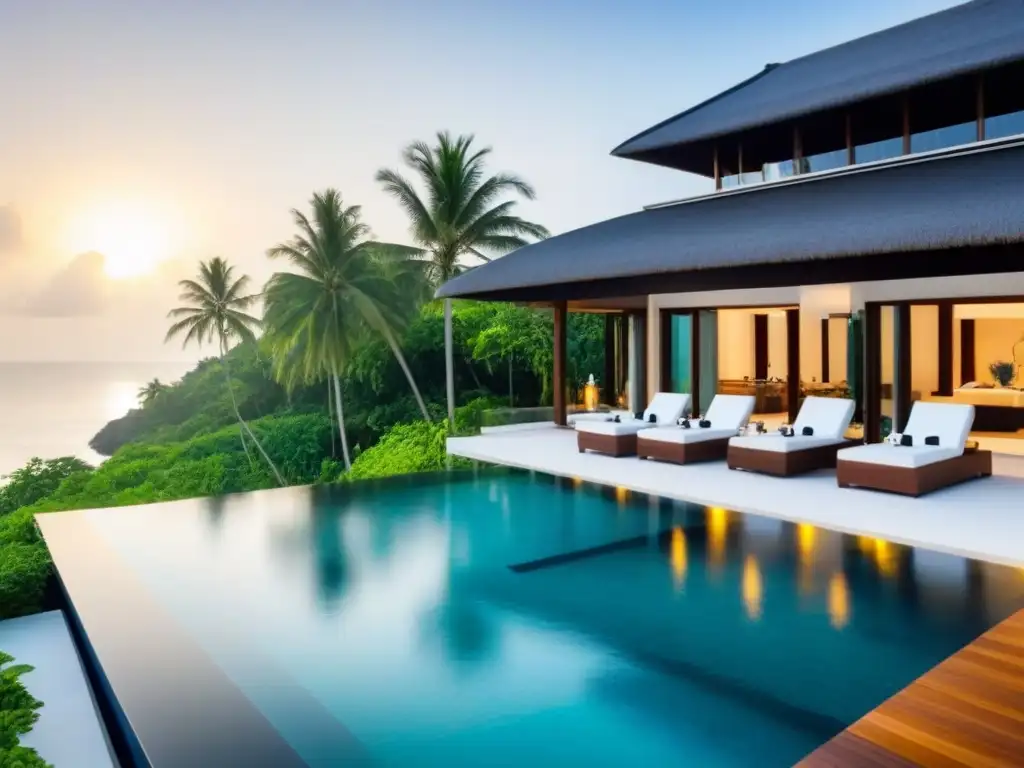 Villa de lujo frente al mar: lujo y relax en paraíso tropical Villa de lujo frente a la playa con ventanales, piscina infinita y ambiente sereno