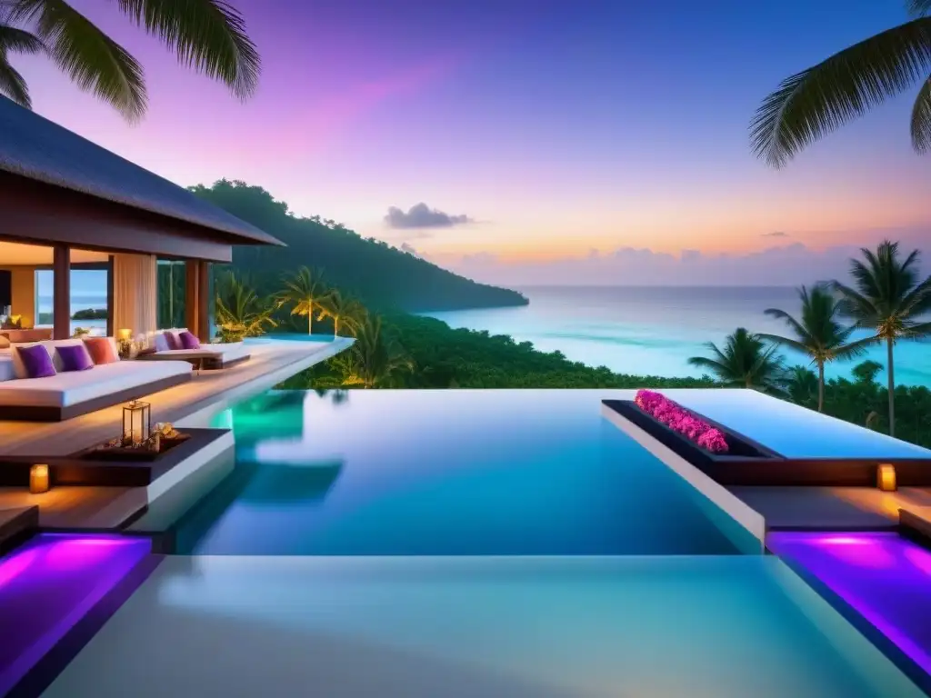 Villa de lujo con piscina infinita frente al mar en paraíso tropical Villa de lujo frente a la playa con piscina infinita, aguas turquesas y diseño moderno