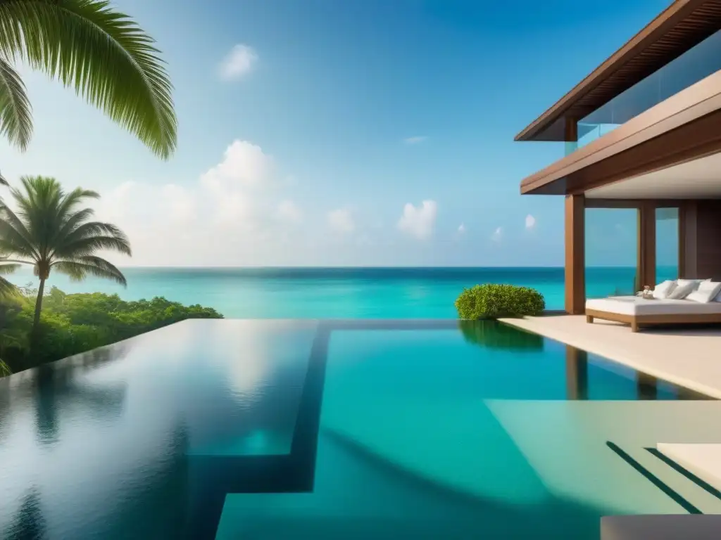 Villa de lujo en paraíso tropical con piscina infinita Una villa de lujo frente a la playa en destino exótico con aguas turquesas, arena blanca, vegetación tropical y piscina infinita