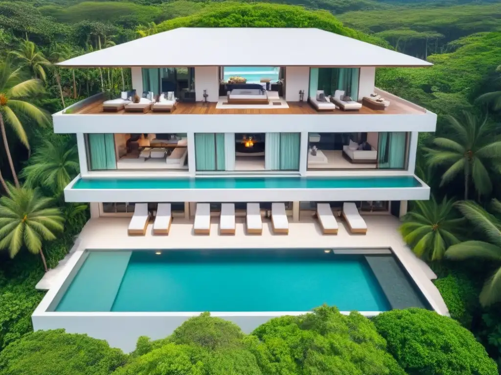 Villa de lujo con piscina infinity y vistas al mar Villa de lujo frente a la playa con piscina infinita privada, rodeada de exuberante vegetación tropical