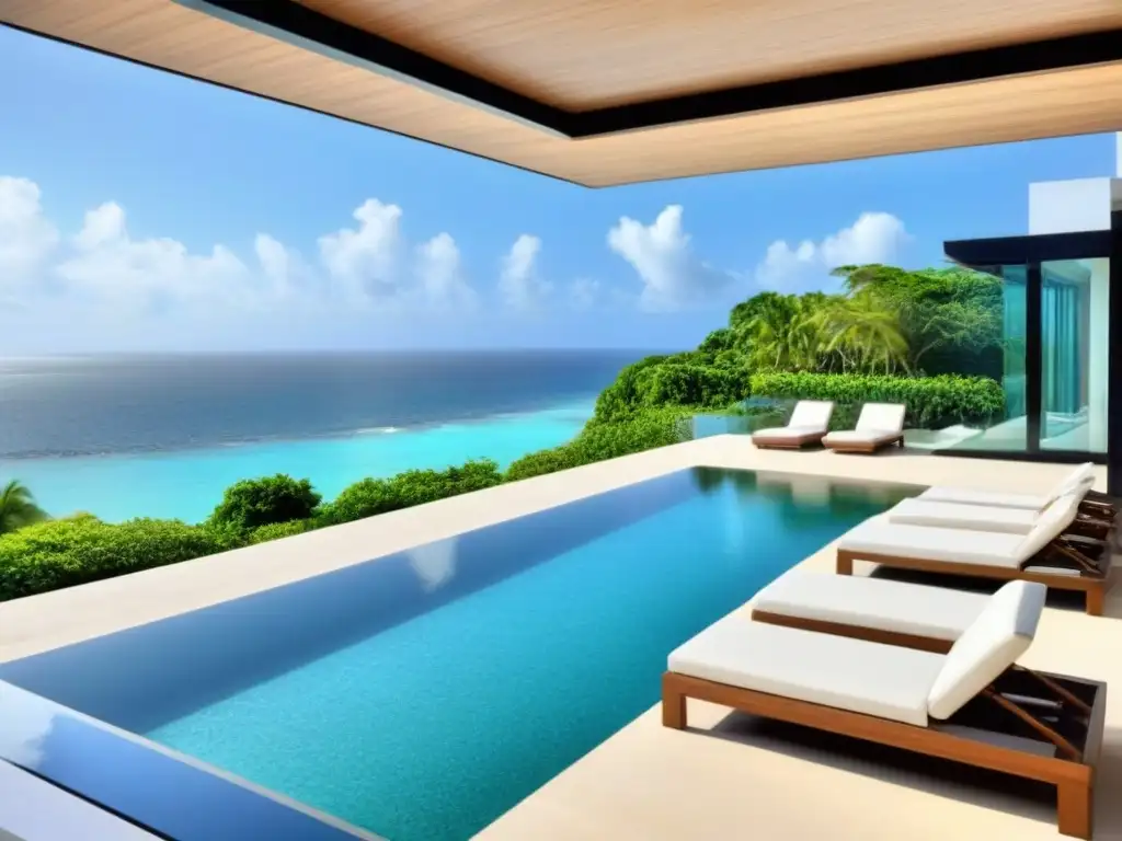 Villa de lujo frente al mar con piscina infinita privada y vistas panorámicas Villa de lujo frente a la playa con piscina infinity privada y vistas al mar, rodeada de exuberante vegetación tropical