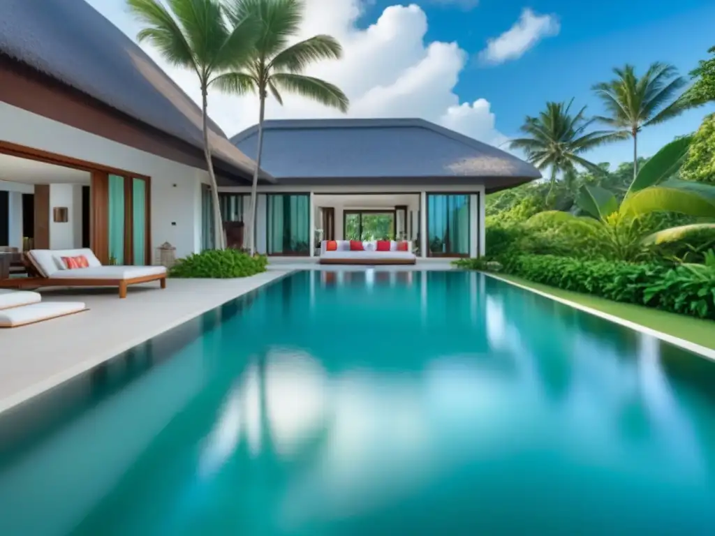 Villa de lujo frente al mar: sofisticación y exclusividad Villa de lujo frente a la playa en destino exótico, con diseño moderno y vistas impresionantes al mar turquesa