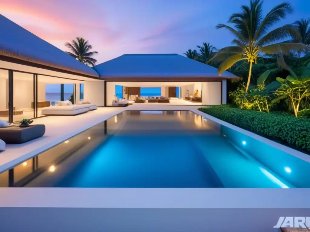 Villa de lujo frente a la playa con diseño arquitectónico moderno, piscina infinita privada y vistas al océano, ideal para el marketing inmobiliario internacional temporada baja