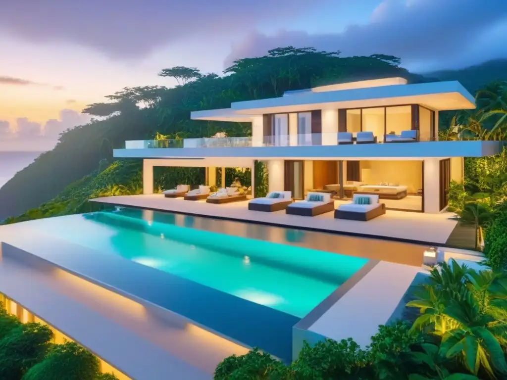 Villa de lujo con piscina privada y vistas al mar Villa de lujo internacional con piscina privada y vistas al mar, rodeada de exuberante vegetación