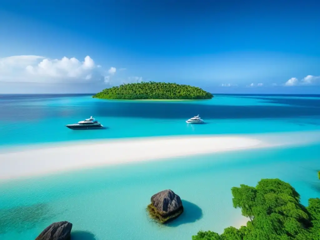 Paraíso privado: isla tropical con villa de lujo y yate anclado Villa de lujo en isla privada con aguas turquesas, playas blancas y palmeras