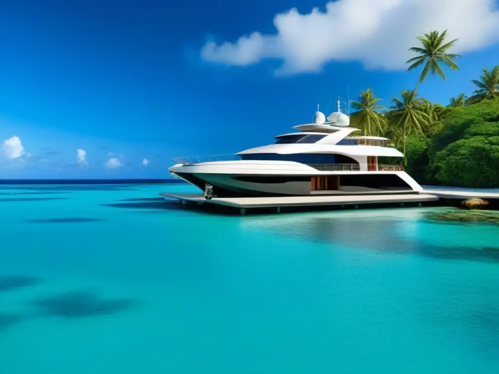 Eco-lujo en isla privada: arquitectura moderna junto al mar Una villa ecológica de lujo en una isla privada, con aguas turquesas cristalinas y arquitectura sostenible integrada en el paisaje tropical