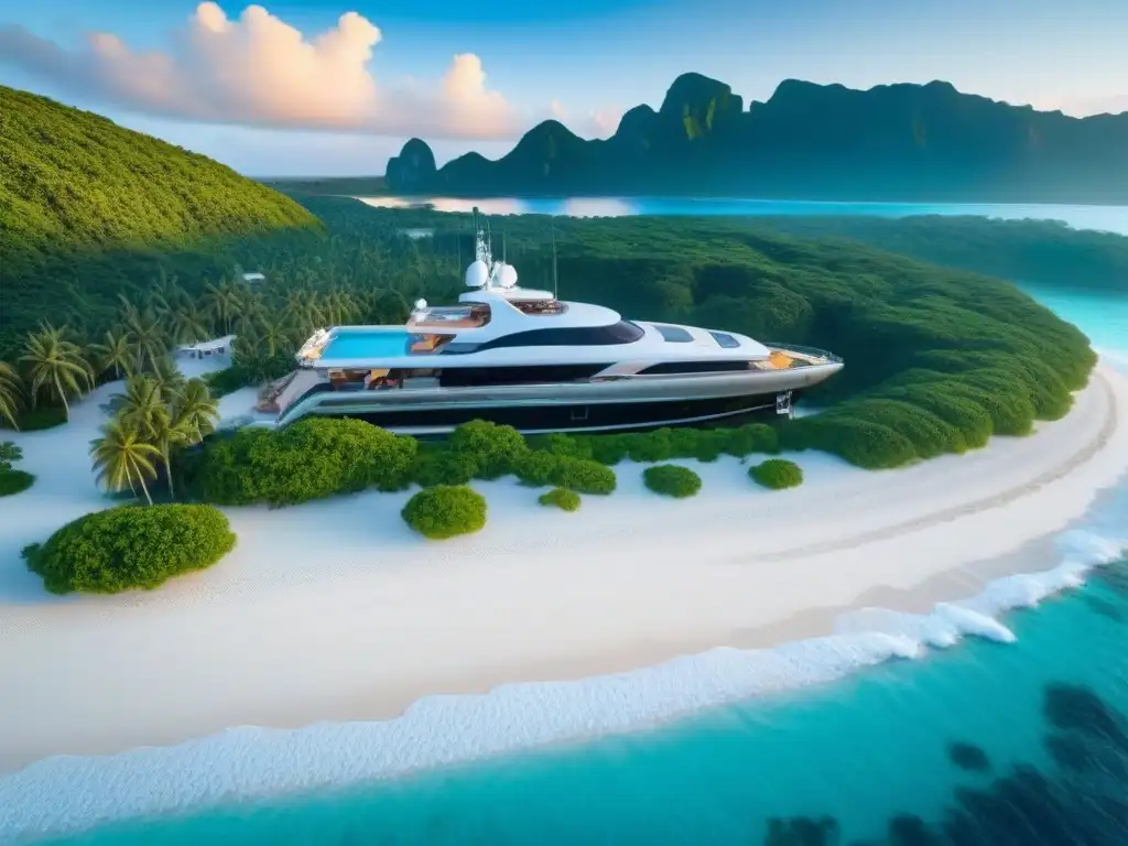 Paraíso privado de lujo: villa elegante en isla exclusiva Villa de lujo en isla privada con aguas turquesa, rodeada de vegetación exuberante al atardecer