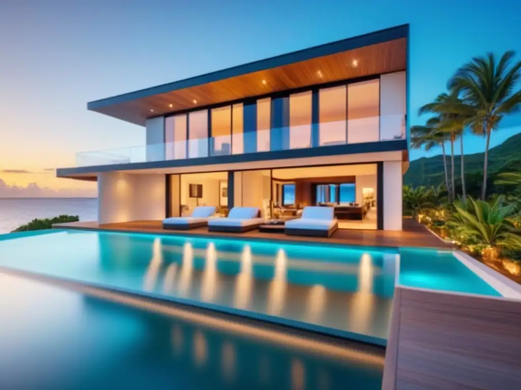 Villa de lujo frente al mar en el Caribe: atardecer exclusivo Villa de lujo frente al mar en el Caribe con arquitectura moderna, piscina infinita y muelle privado con yate