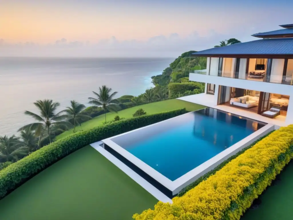 Villa de lujo frente al mar al atardecer: elegancia exclusiva Una villa de lujo frente al mar, con arquitectura moderna y piscina infinita, rodeada de exuberante naturaleza al atardecer