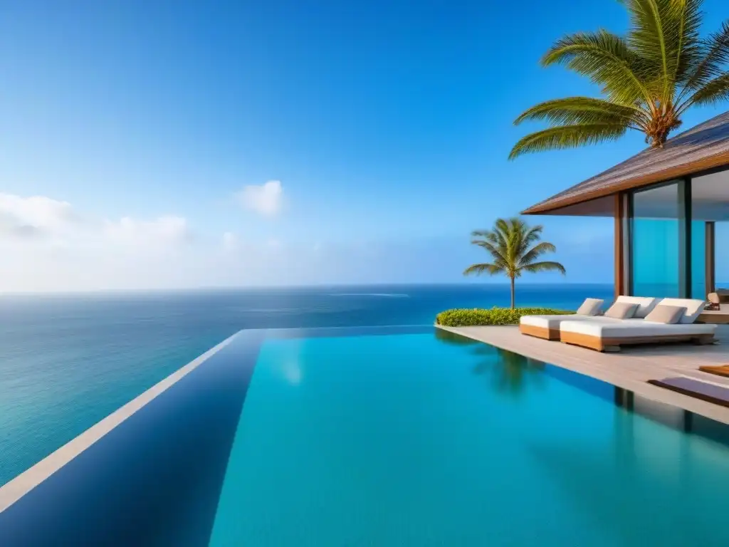 Villa de lujo frente al mar: arquitectura moderna y elegante Villa de lujo frente al mar, arquitectura moderna con paredes de vidrio, piscina infinita, palmeras y vista al océano
