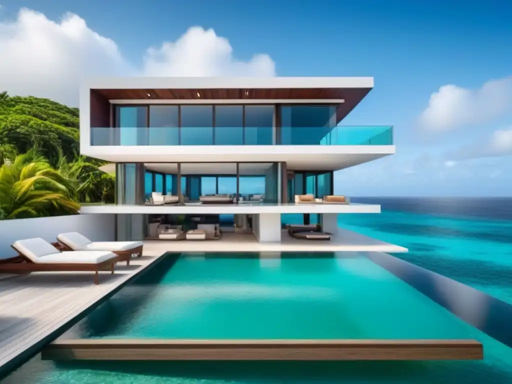 Villa de lujo en el Caribe: diseño moderno y vistas impresionantes Villa de lujo frente al mar en el Caribe: arquitectura moderna, piscina infinita y muebles contemporáneos