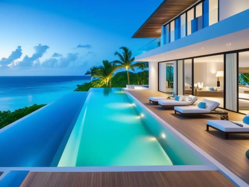 Villa de lujo en el Caribe: diseño moderno con vistas al mar Villa de lujo frente al mar en el Caribe, con arquitectura moderna, piscina infinita privada y exuberante paisajismo tropical
